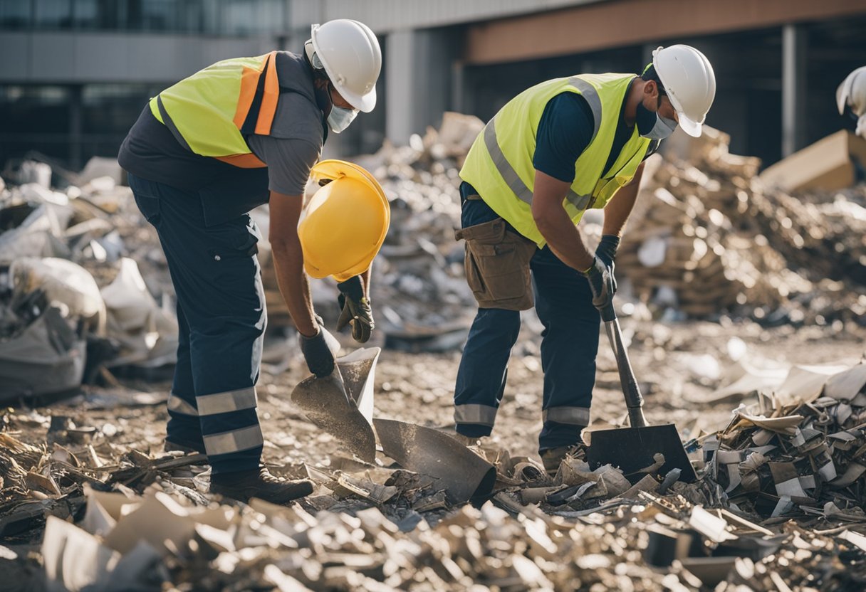 A worker clearing renovation debris from a construction site. Bags of waste, broken materials, and tools scattered around the area
