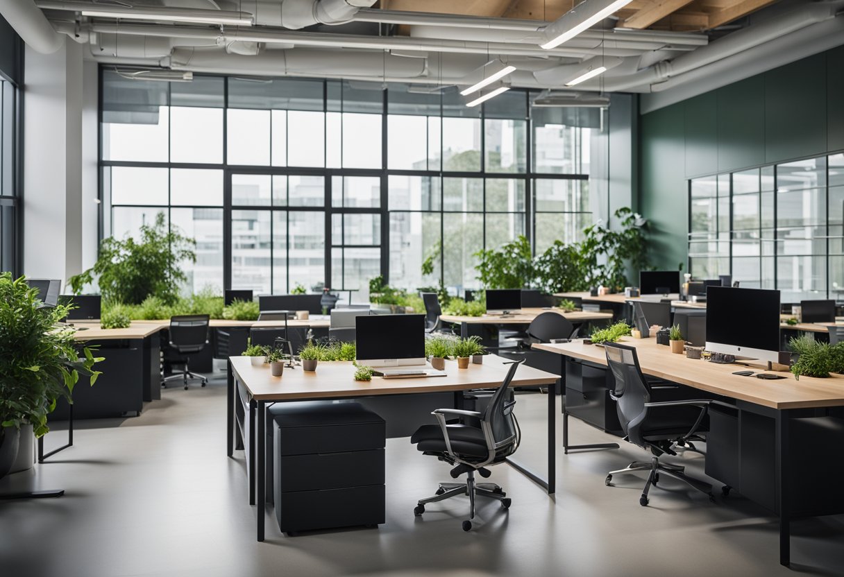 A modern lab office with sleek furniture, ample natural light, and vibrant greenery. Clean, organized workstations and a collaborative meeting area