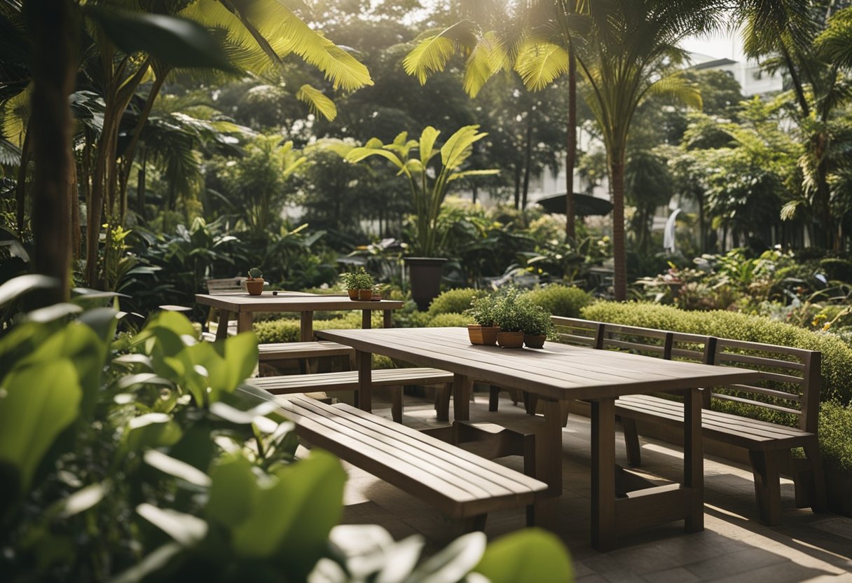 A sunny day in a lush garden, with a variety of second-hand furniture scattered around, including tables, chairs, and benches, in Singapore
