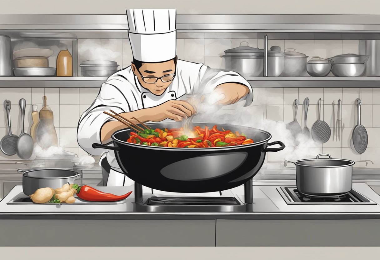 A chef mixes chili, garlic, ginger, and crab in a wok. The steam rises as the ingredients sizzle together, creating a fragrant and flavorful sauce