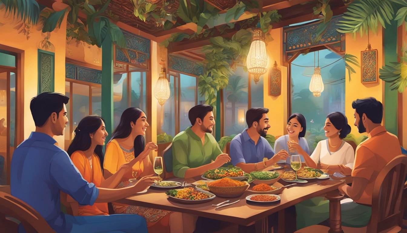 Guests savor exotic dishes at Shikar Shikar restaurant, surrounded by vibrant decor and the aroma of spices in Singapore