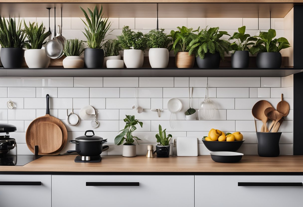 A modern kitchen with sleek countertops, hanging pendant lights, and open shelving displaying stylish cookware and plants
