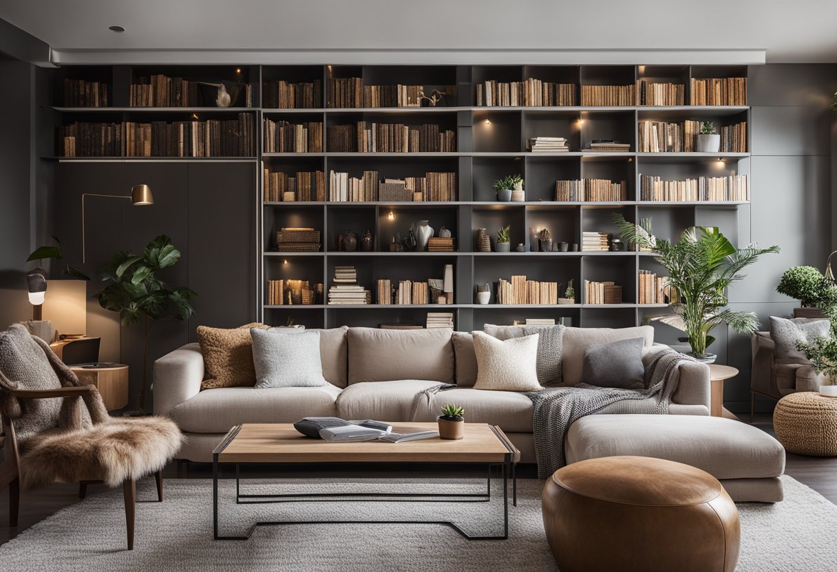 A cozy living room with a plush sofa, soft throw pillows, and a warm, inviting rug. Shelves filled with books and decorative items, and a sleek coffee table complete the scene