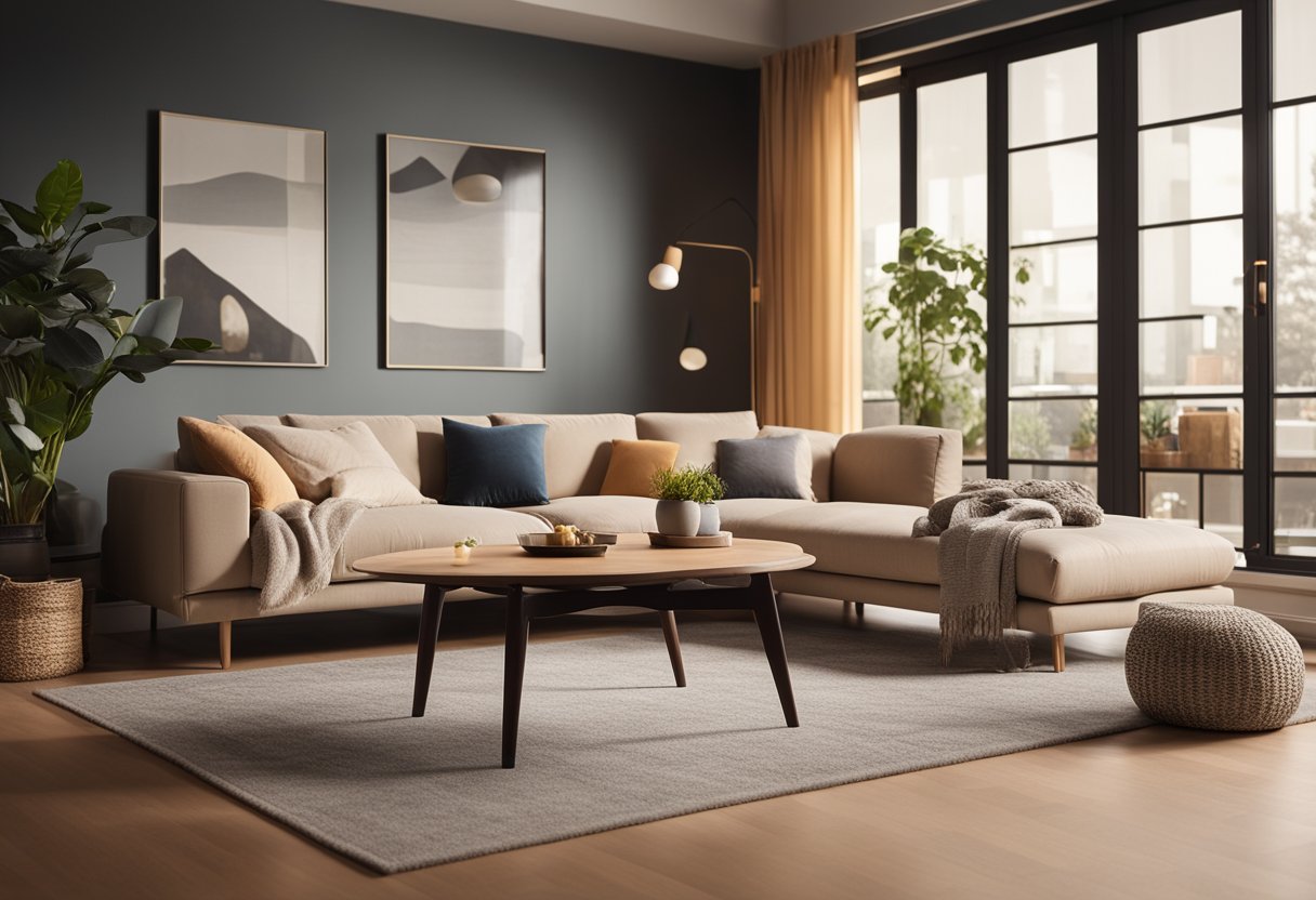 A cozy living room with modern furniture, including a comfortable sofa and stylish coffee table, set against a backdrop of warm, inviting colors