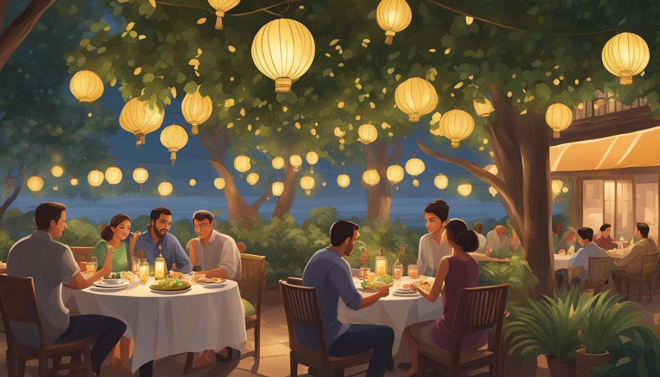 Diners enjoying a meal under a lush, sprawling chanrey tree with hanging lanterns and a warm, inviting ambiance