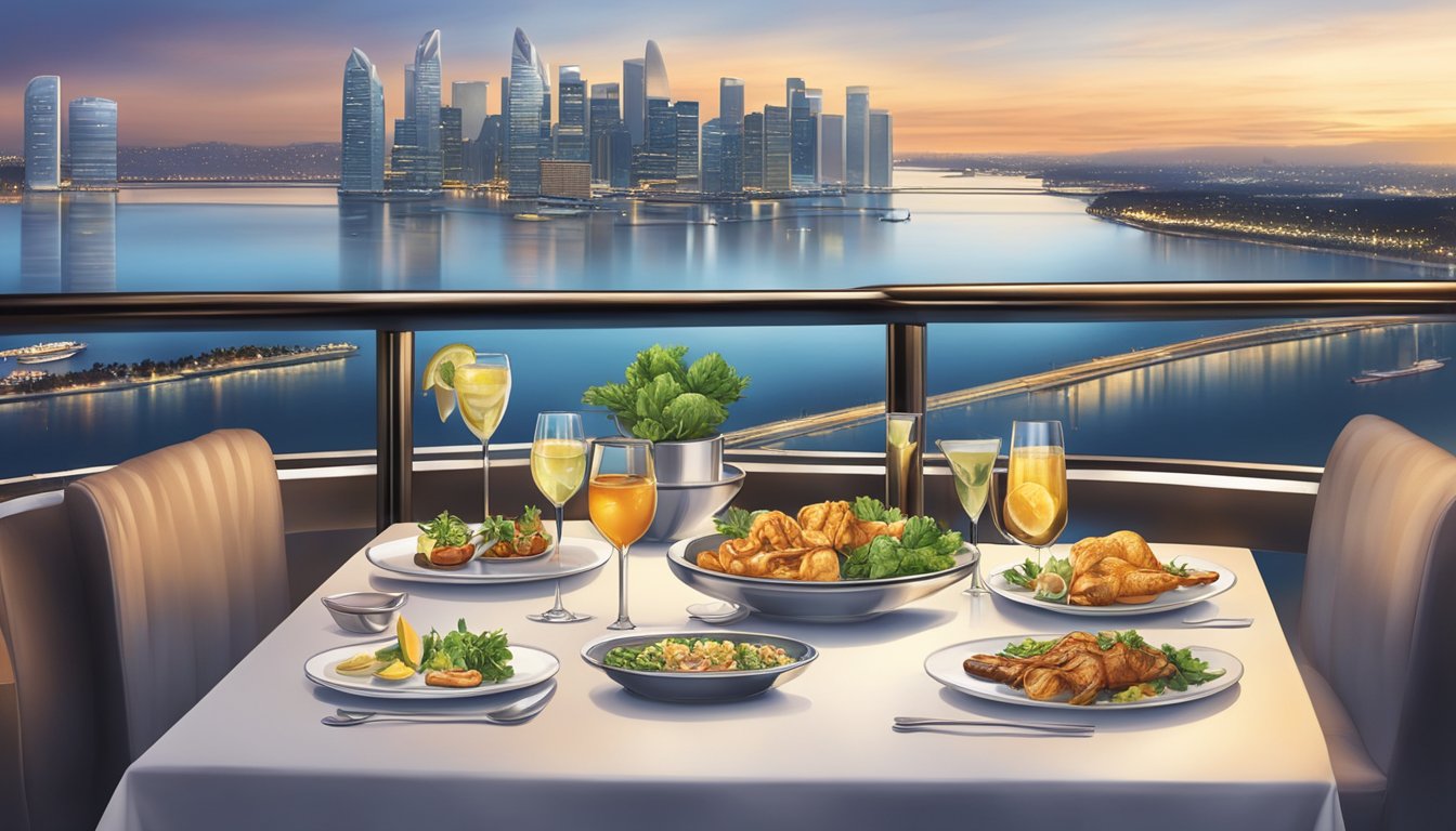 A table spread with gourmet dishes and cocktails, overlooking the stunning skyline of Marina Bay. The elegant ambiance of the restaurant adds to the allure of the culinary delights