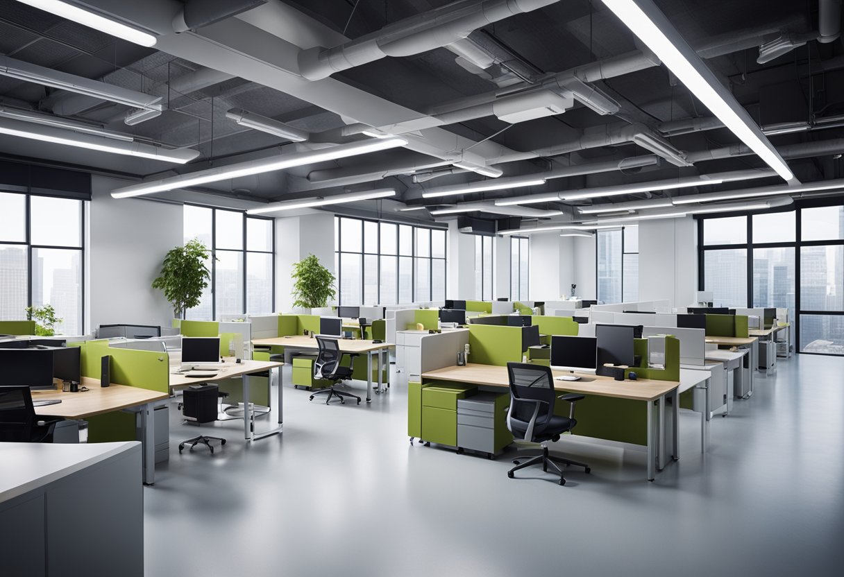 A modern lab office with open workspace, ergonomic furniture, natural lighting, and collaborative areas. High-tech equipment and innovative design elements are incorporated throughout the space