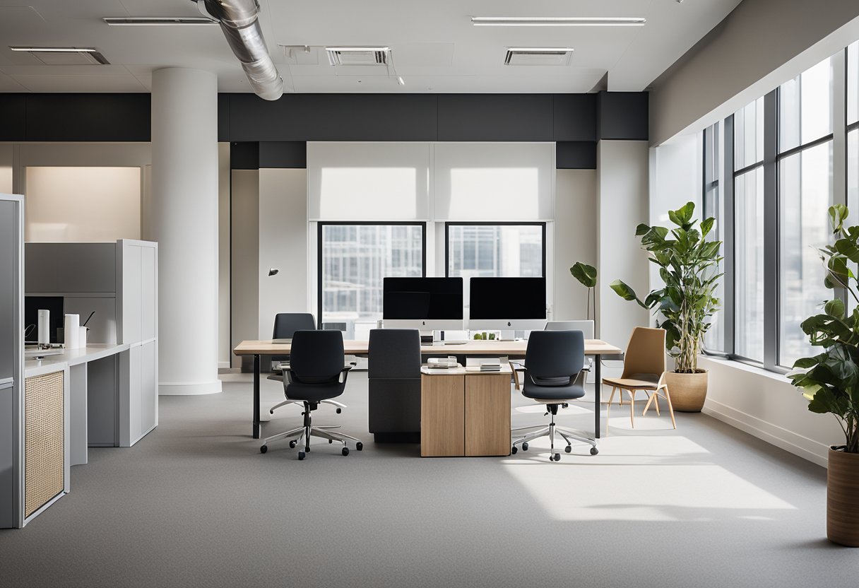 A modern office with clean lines, open space, and collaborative work areas. Neutral color palette with pops of bright accents. Minimalist furniture and plenty of natural light