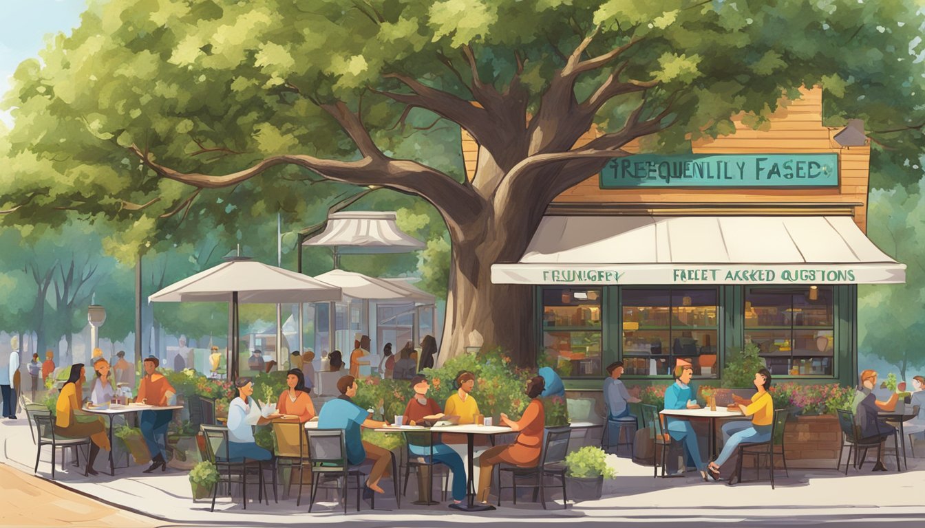 A bustling restaurant with a large sign reading "Frequently Asked Questions" next to a vibrant chanrey tree. Customers enjoy their meals at outdoor tables