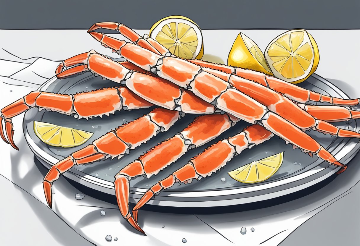 A pile of king crab legs arranged on a serving platter, with a side of melted butter and lemon wedges