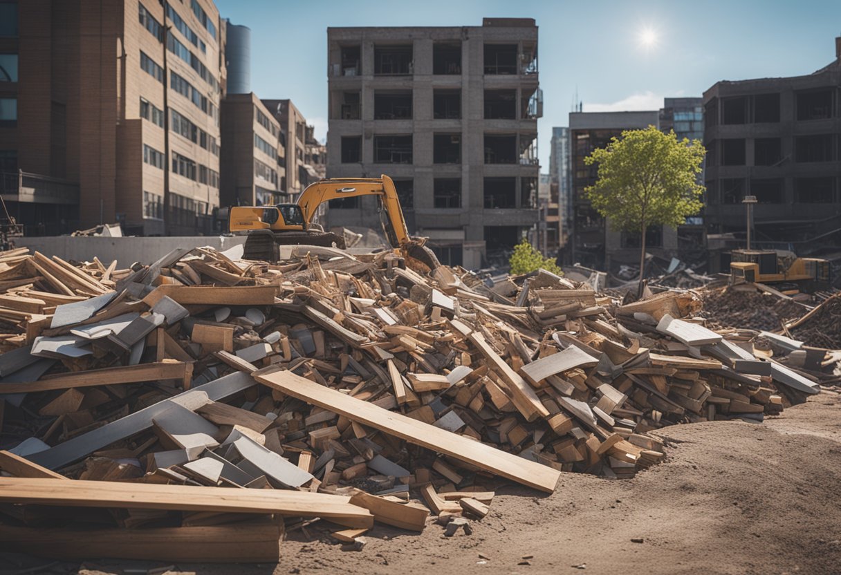 Piles of renovation debris surround a construction site. Broken wood, metal, and concrete clutter the area. Signs with "Frequently Asked Questions" are half-buried in the mess
