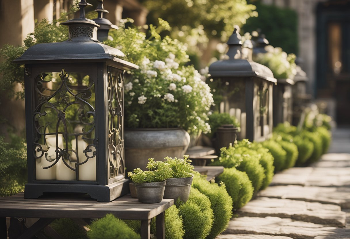 A lush garden filled with weathered wooden benches, ornate iron tables, and rustic stone planters. A scattering of vintage lanterns and antique garden decor adds a touch of charm