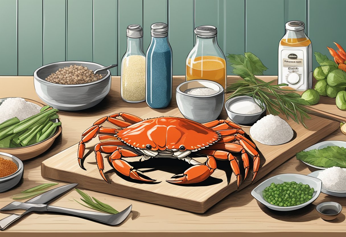 A fresh raw crab sits on a clean kitchen counter next to ingredients and cooking utensils, ready to be prepared for a Singaporean recipe