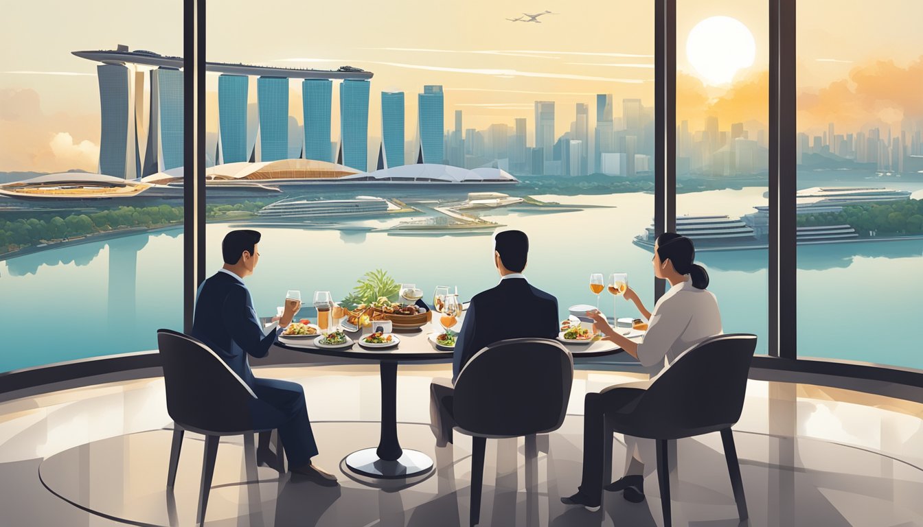 Diners savoring gourmet dishes at Marina Bay Sands' top restaurants, surrounded by stunning views of the bay and city skyline