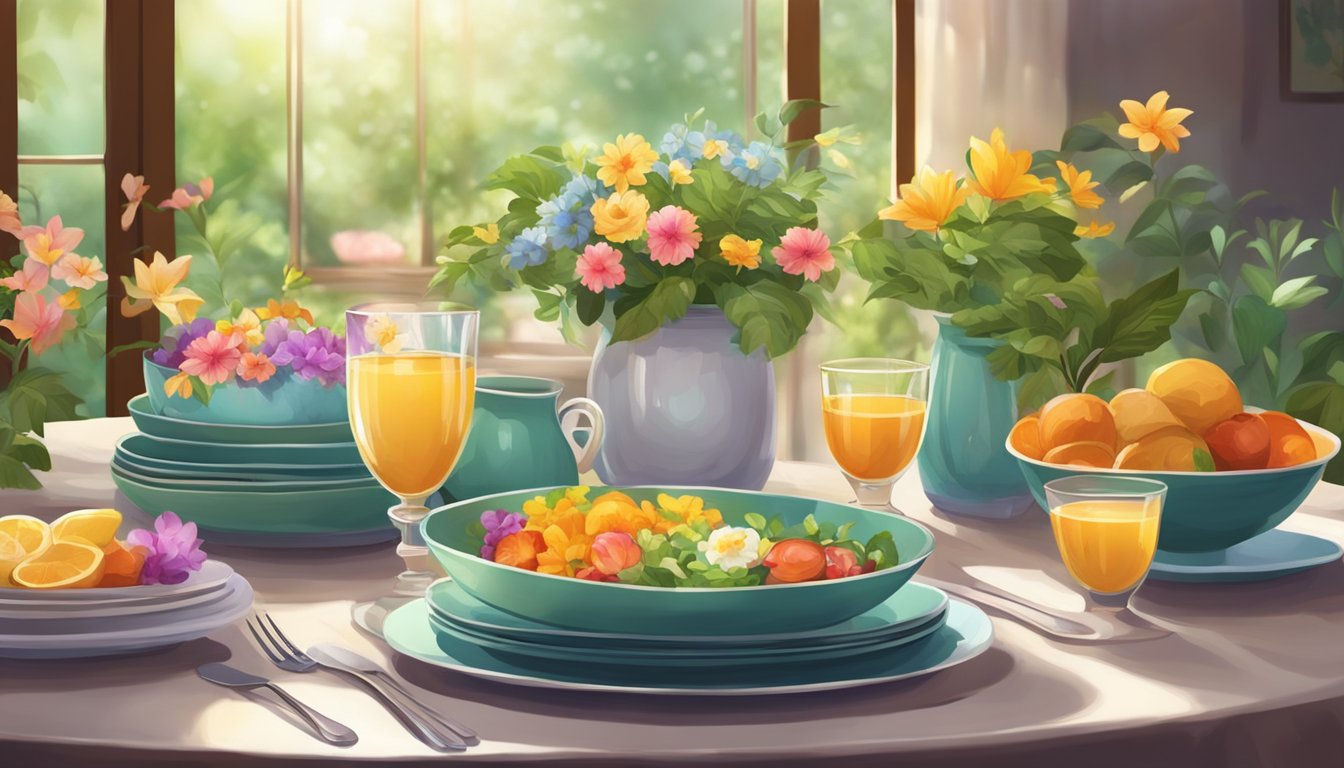 Tables set with colorful dishes, surrounded by lush greenery and blooming flowers. A warm, inviting atmosphere with soft lighting and a serene ambiance