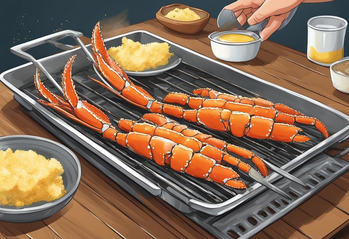 King crab legs being brushed with butter and sprinkled with seasoning before being placed on a sizzling grill