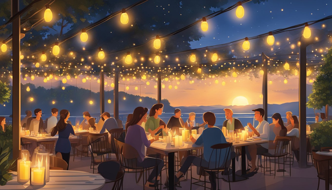 The sun sets over a bustling outdoor restaurant. Tables are adorned with flickering candles and diners enjoy their meals under a canopy of twinkling lights