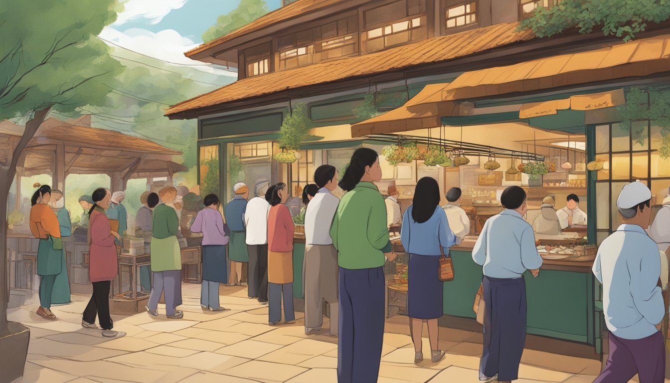 Customers line up at the entrance of Plum Village restaurant, while servers bustle about, carrying trays of food and clearing tables. The aroma of fresh herbs and spices fills the air, creating a warm and inviting atmosphere