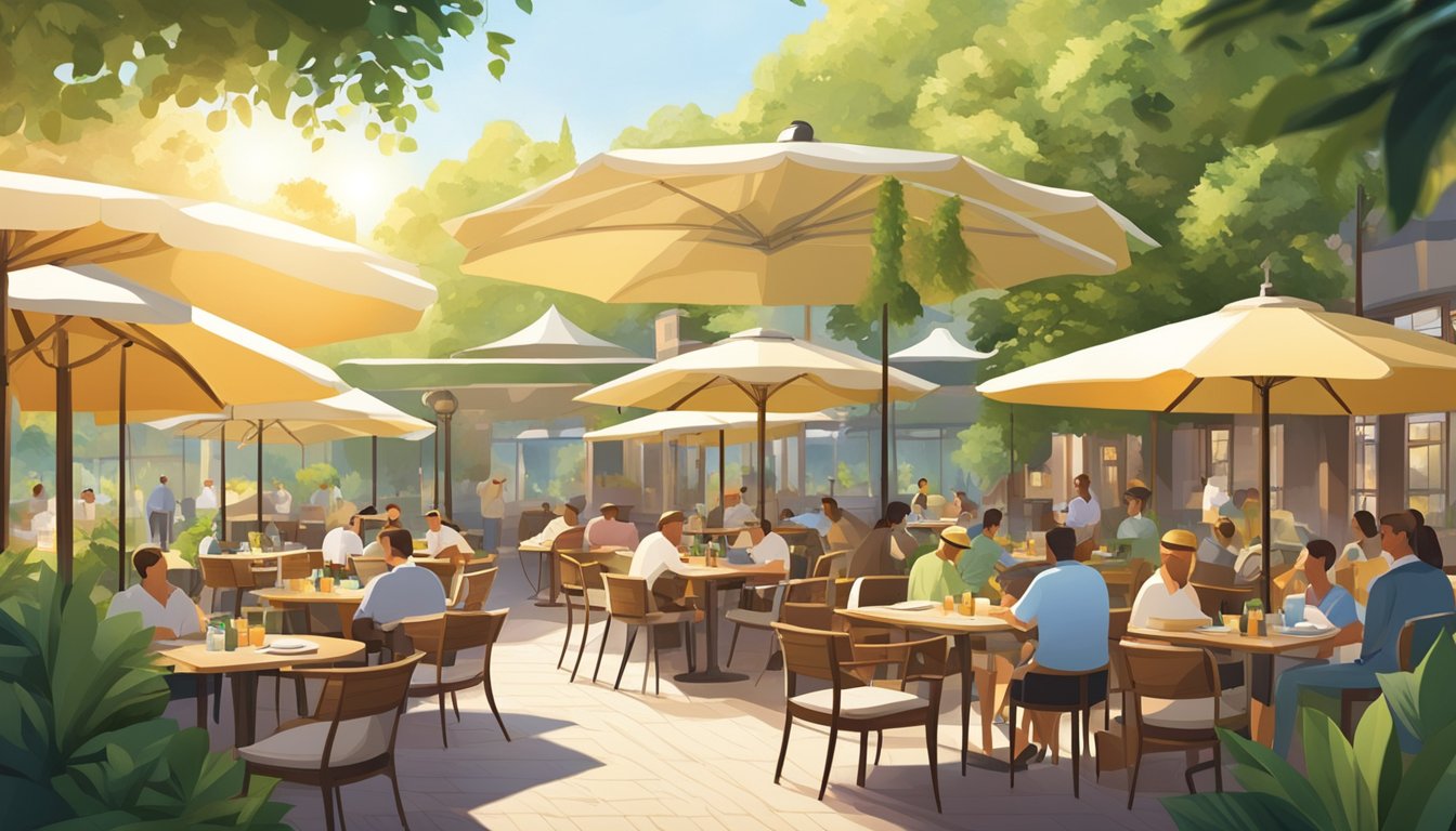 A bustling outdoor restaurant with tables and chairs under umbrellas, surrounded by lush greenery and bathed in warm sunlight