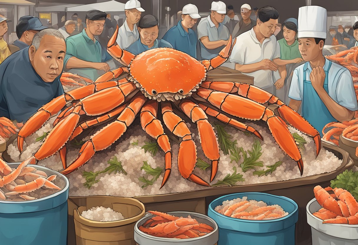 A pile of king crab legs surrounded by curious onlookers at a seafood market