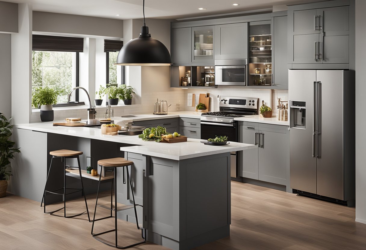 The 6 feet kitchen features clever storage solutions, compact appliances, and a fold-down dining table to maximize space