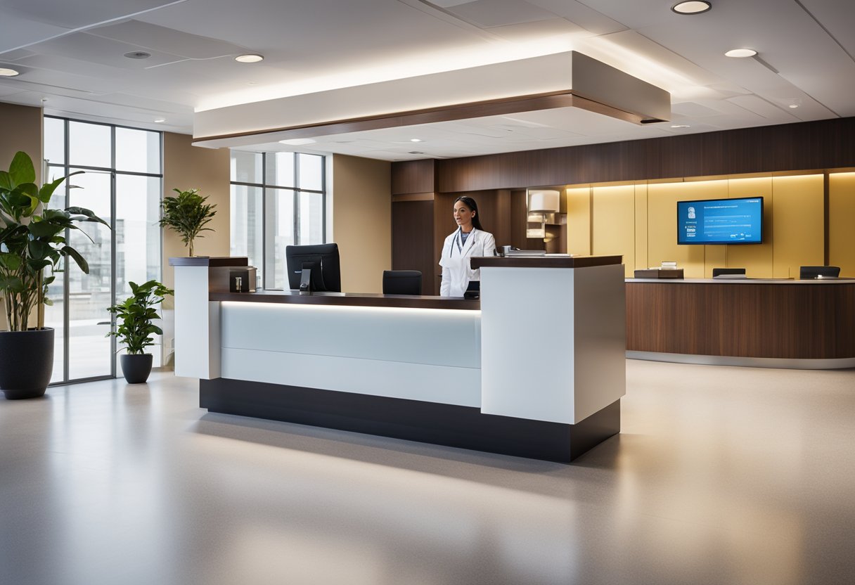 A modern medical office front desk with a sleek design, computer monitors, paperwork, and a welcoming receptionist