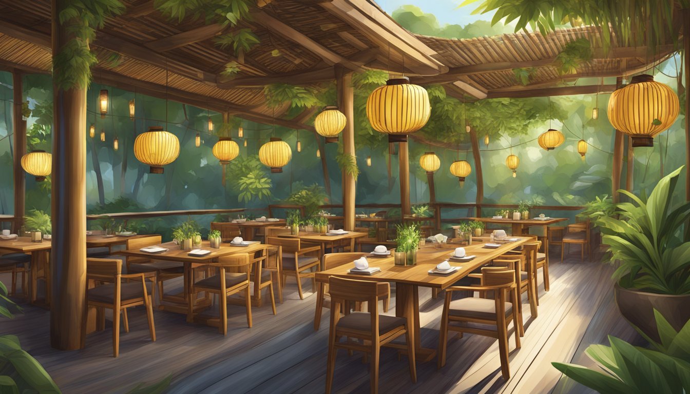 A bamboo restaurant with lanterns hanging from the ceiling, wooden tables and chairs, and lush greenery surrounding the outdoor dining area