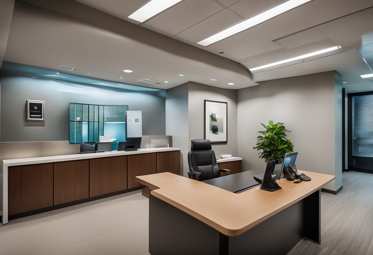 A modern medical office front desk with a sleek, minimalist design, featuring a computer, phone, and organized paperwork