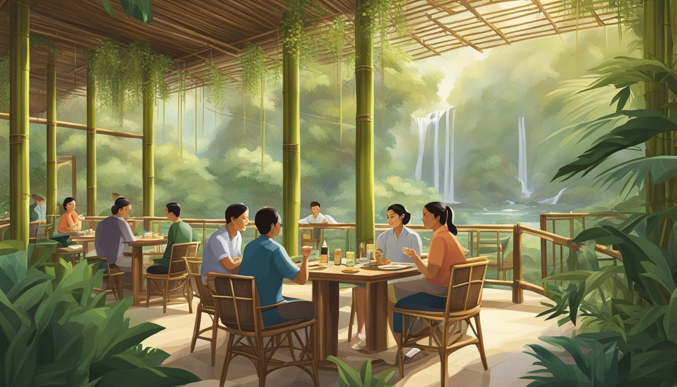 Diners peruse the bamboo-themed menu at a serene restaurant, surrounded by lush greenery and natural materials