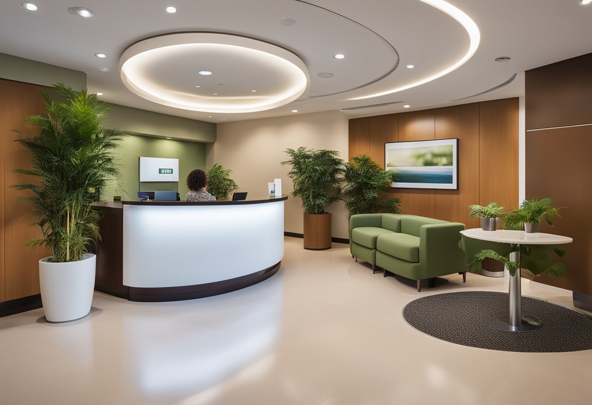 A spacious, well-lit reception area with comfortable seating, plants, and calming artwork. A friendly receptionist greets patients warmly