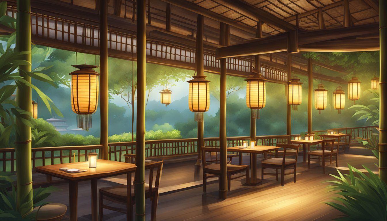 A serene bamboo restaurant overlooks a tranquil garden, with traditional lanterns casting a warm glow on wooden tables and lush greenery
