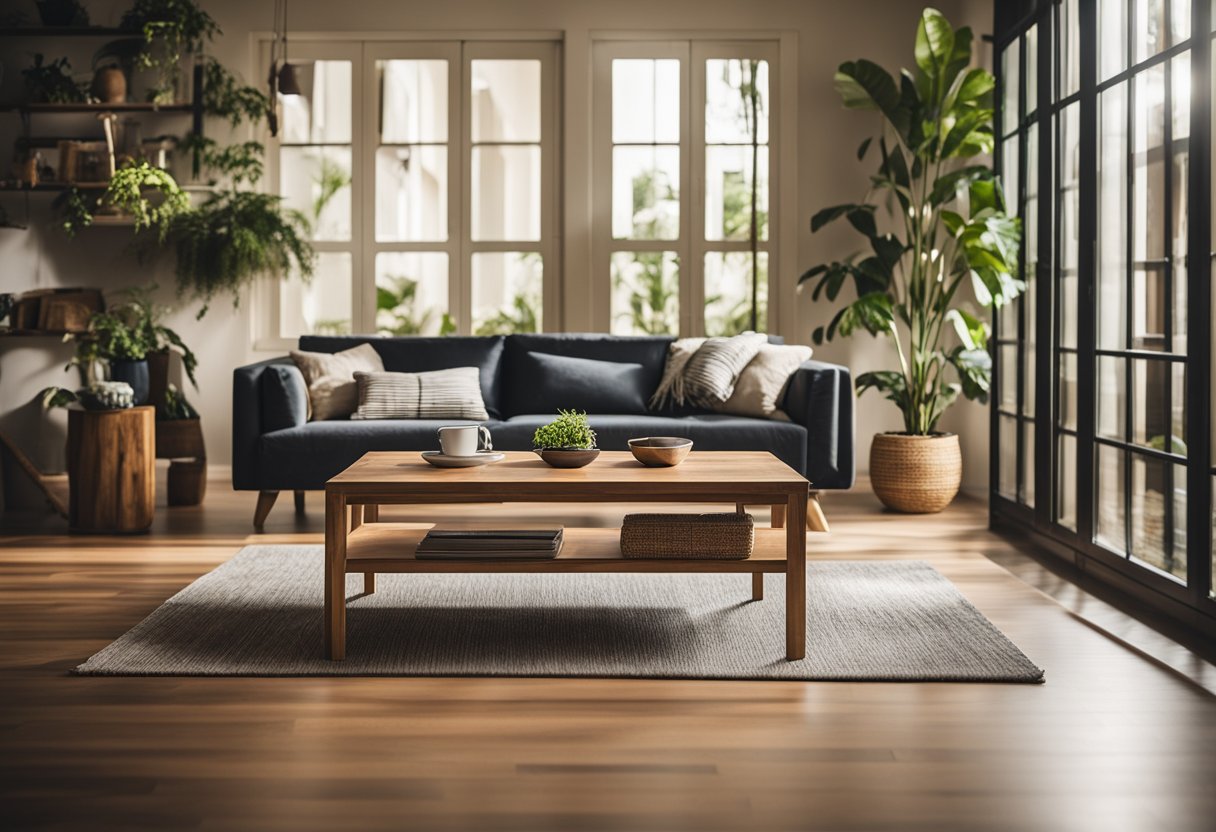 A cozy living room with acacia wood furniture in Singapore. Sunlight filters through the windows, casting warm shadows on the smooth, richly colored wood
