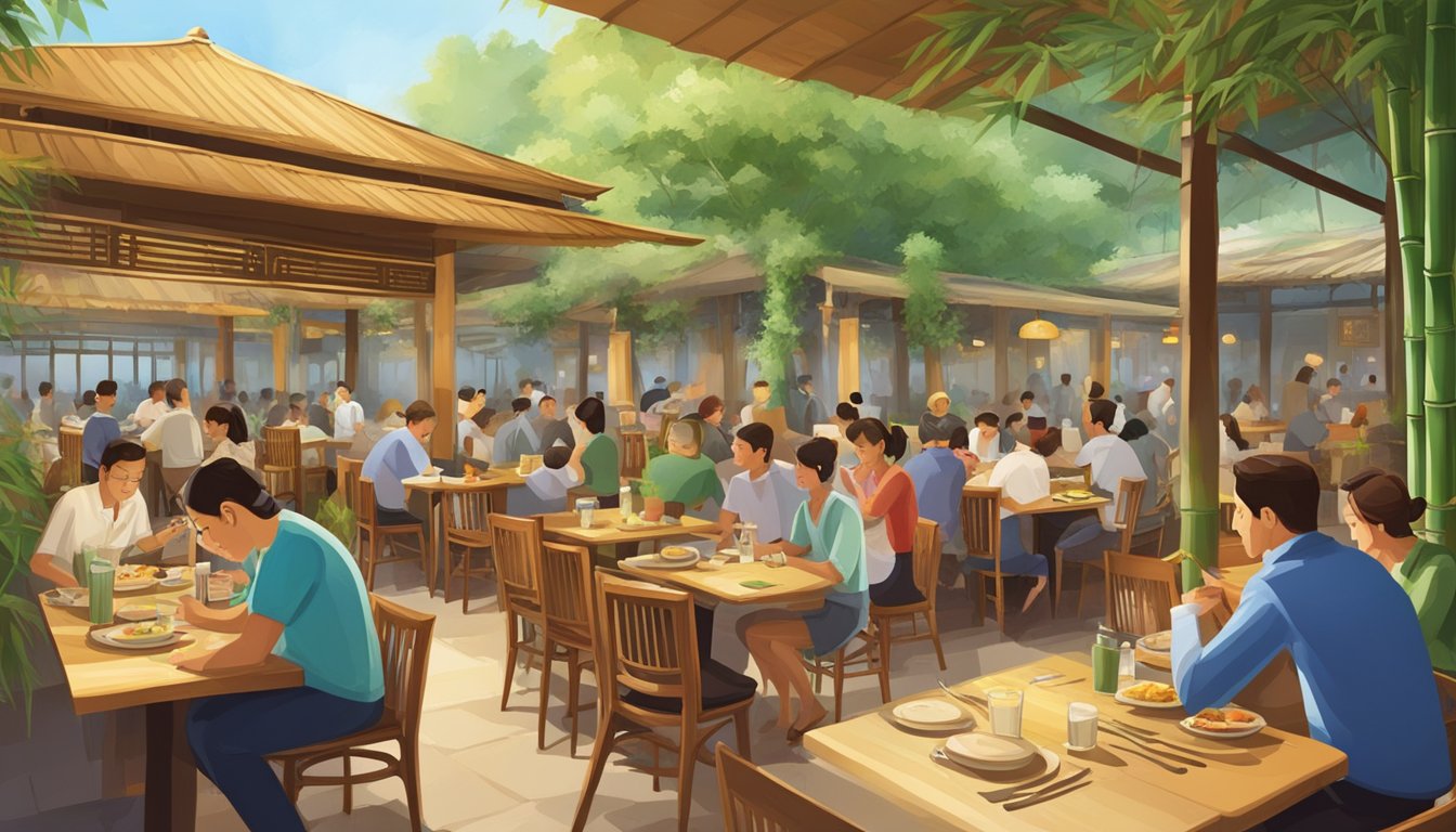 A bustling bamboo restaurant with diners enjoying meals, a friendly staff answering questions, and a vibrant atmosphere