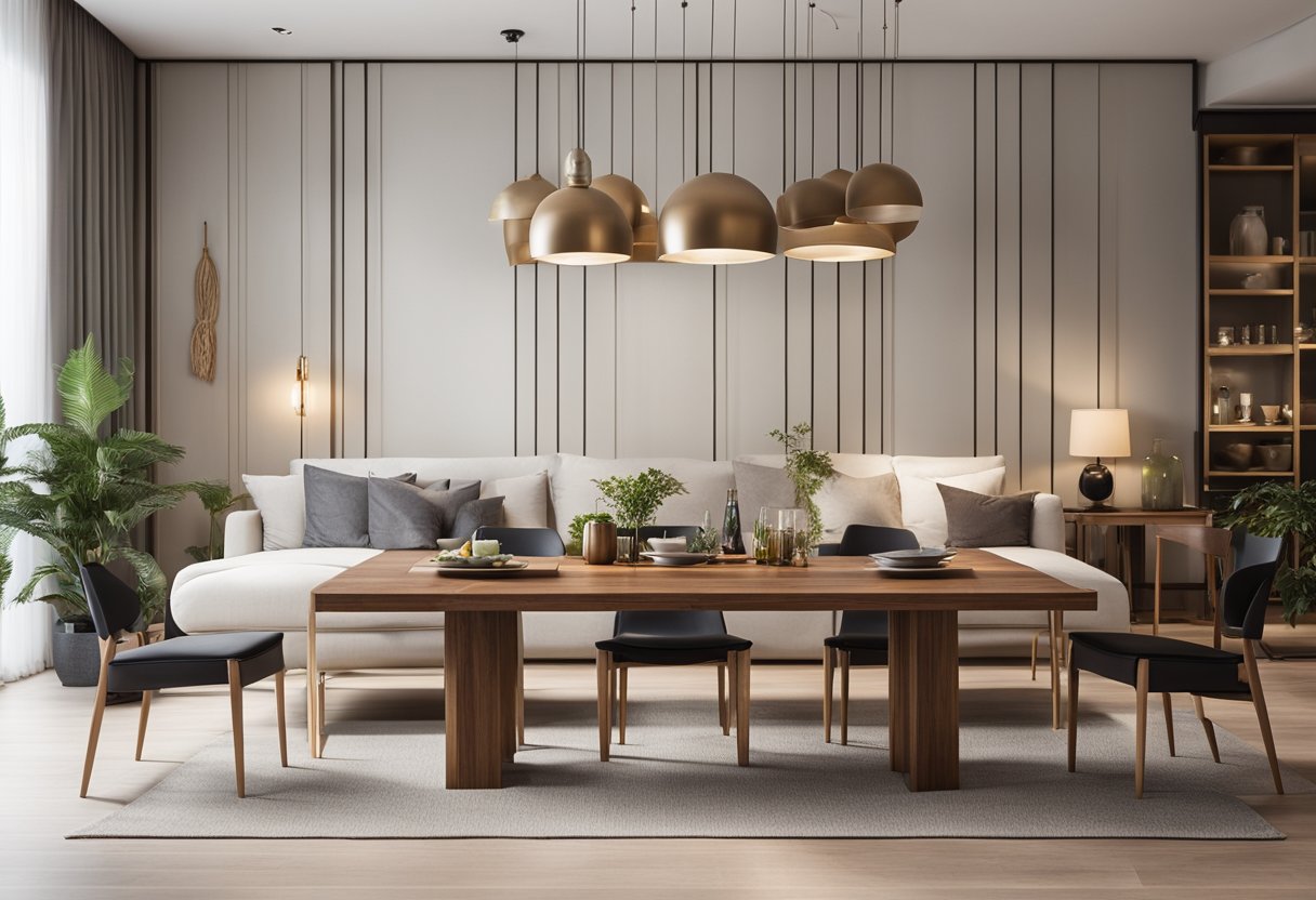 A modern living room with a sleek acacia wood dining table, surrounded by minimalist Singaporean decor and natural light