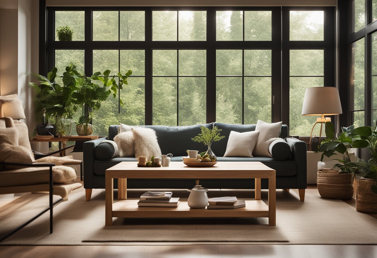 A cozy living room with a rustic wooden coffee table, a plush sofa, and a large window overlooking greenery. A warm, inviting atmosphere with soft lighting and comfortable seating
