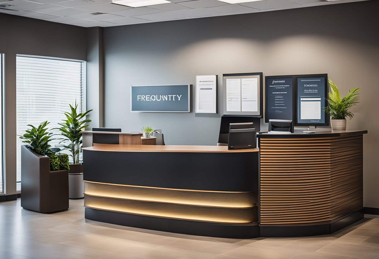 A modern medical office front desk with sleek furniture, a computer, and organized paperwork, featuring a prominent "Frequently Asked Questions" sign