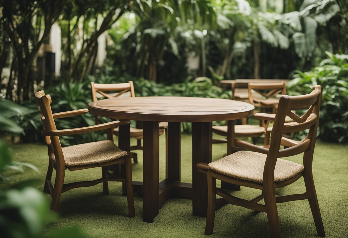 A rustic wooden table and chairs sit amidst lush greenery at Country Haven Furniture Singapore. The serene setting invites exploration