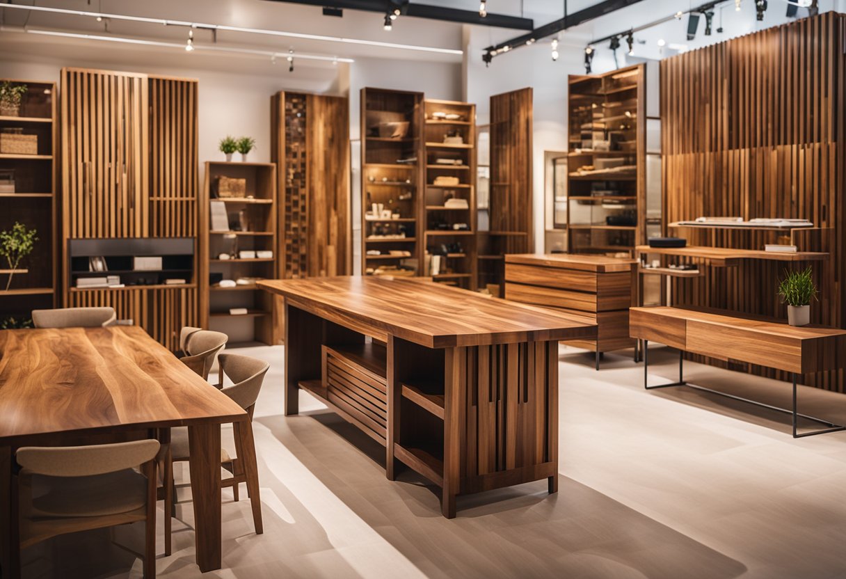 A showroom with a variety of acacia wood furniture displayed in an organized and aesthetically pleasing manner. Bright lighting highlights the natural grain and rich color of the wood