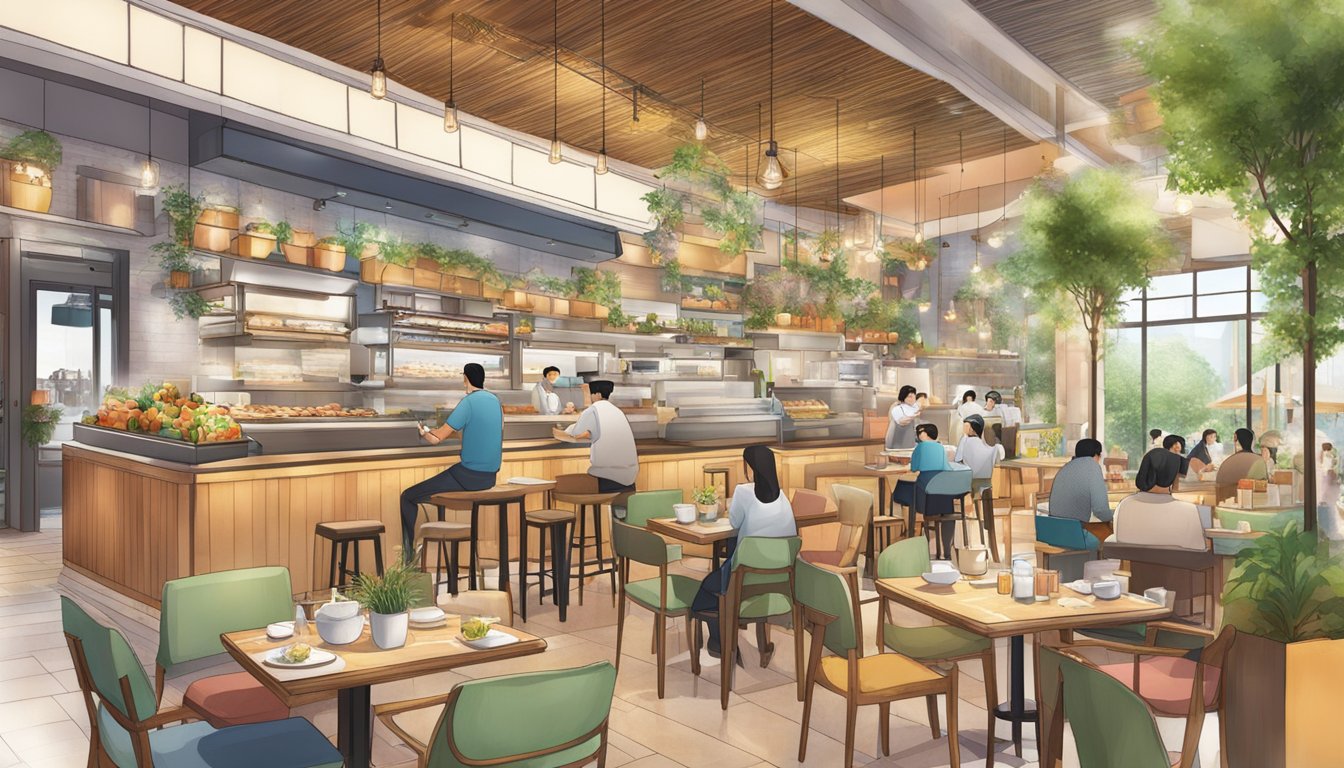 Aperia Mall's diverse culinary scene: bustling restaurants, colorful dishes, and aromatic flavors fill the air, creating a vibrant and inviting atmosphere