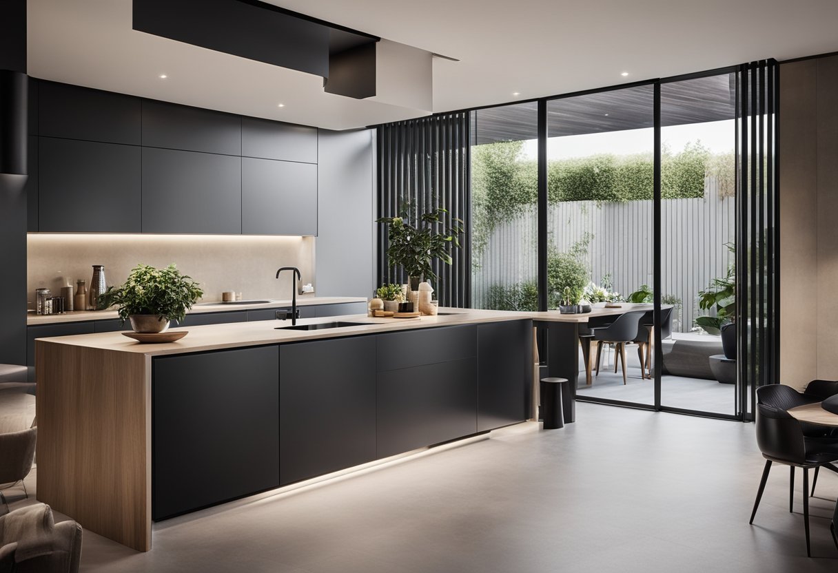 A modern kitchen with a sleek sliding door, clean lines, and minimalist design