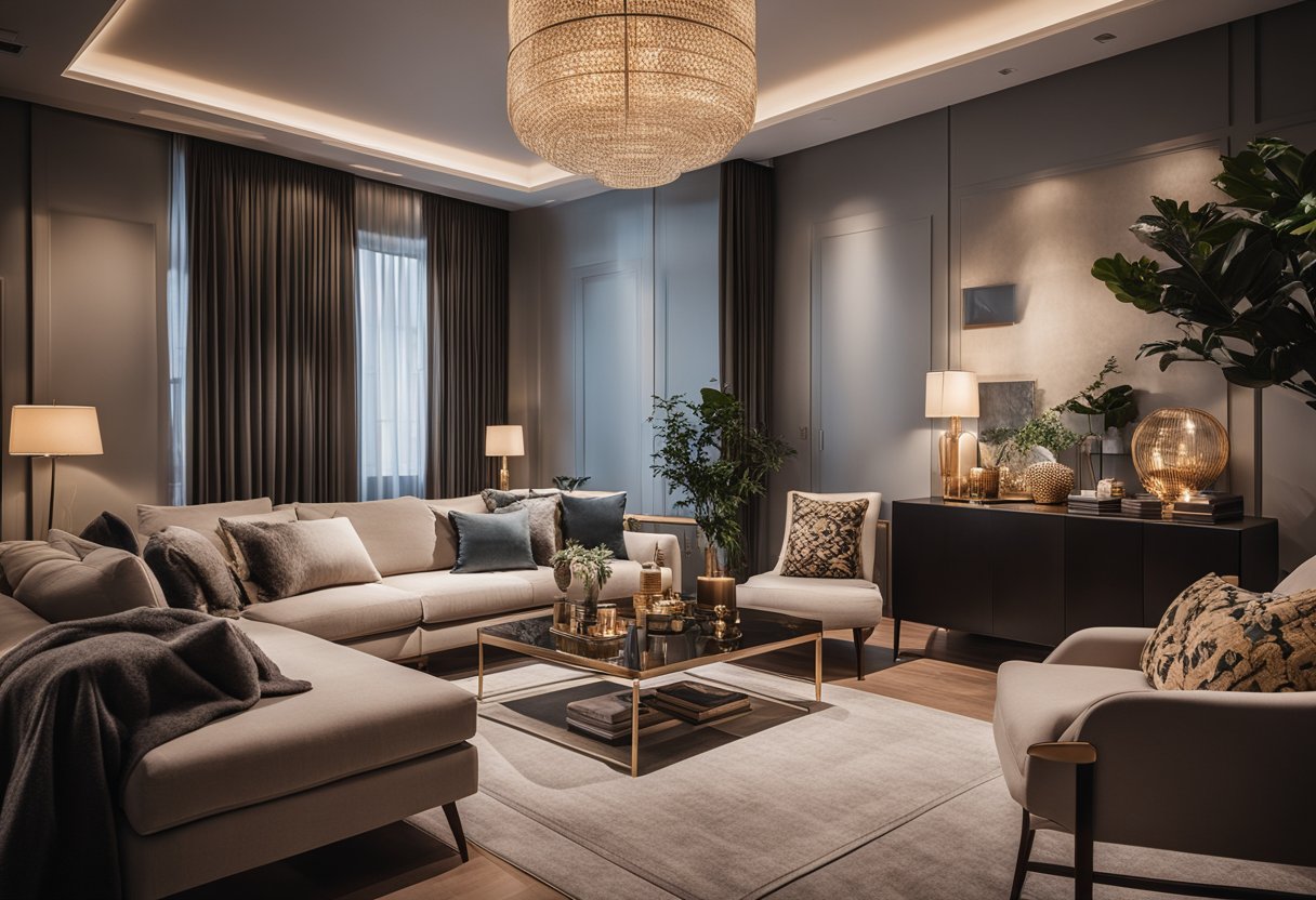 A cozy living room with warm lighting, surrounded by elegant and stylish furniture, including a plush sofa, a coffee table, and decorative accents