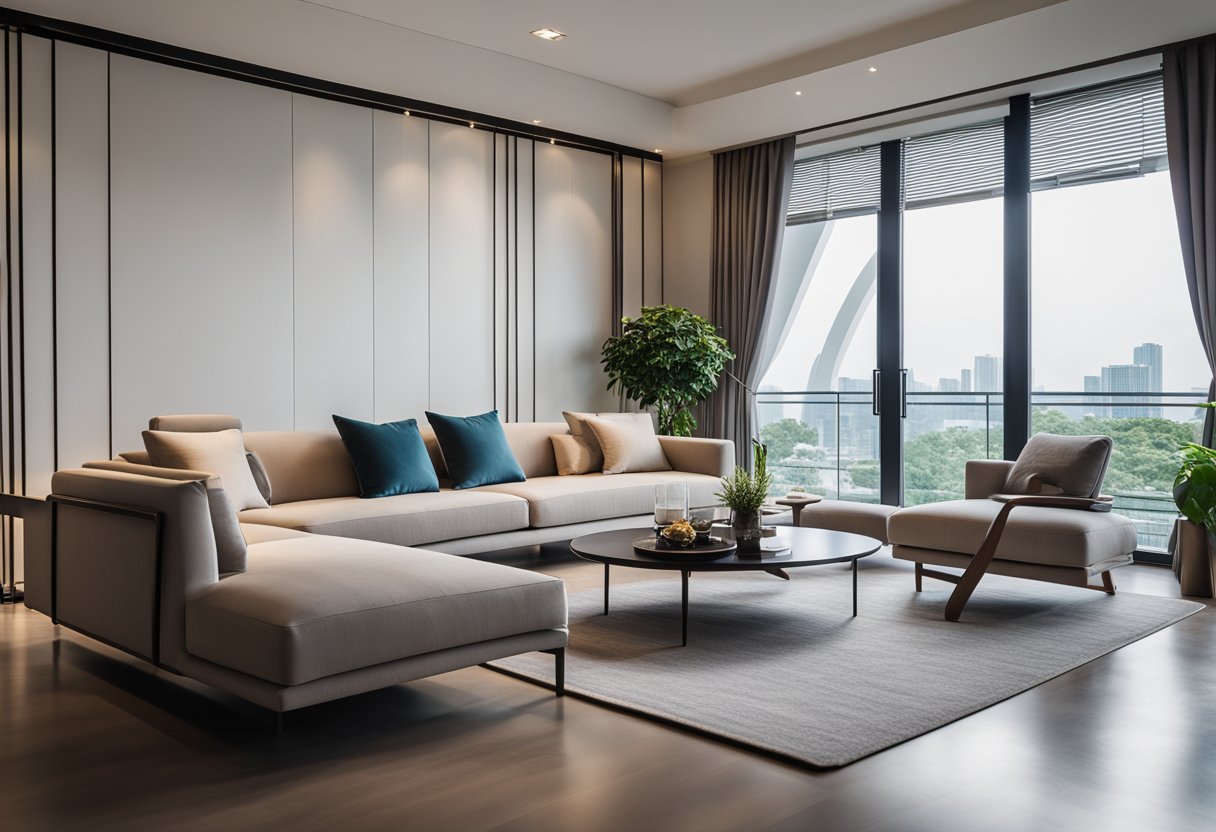 A modern living room with sleek yoke furniture in Singapore. Clean lines, minimalist design, and a touch of Asian influence