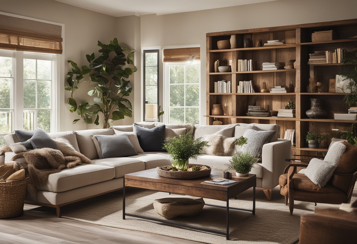 A cozy living room with a rustic wooden coffee table, a plush sofa, and a bookshelf filled with various items. The room is well-lit with natural sunlight streaming in through the windows