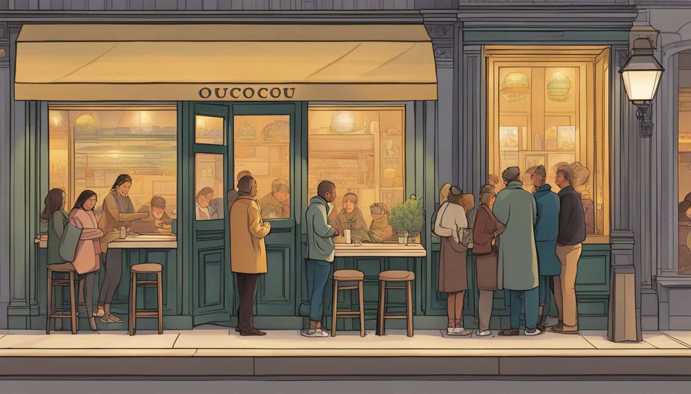 Customers line up at the entrance of Coucou restaurant, glancing at the menu displayed outside. The warm glow of the interior beckons them in