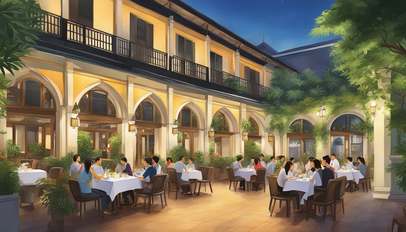 The bustling courtyard of Best Restaurant Chijmes, with elegant architecture and lush greenery, sets the scene for a vibrant dining experience