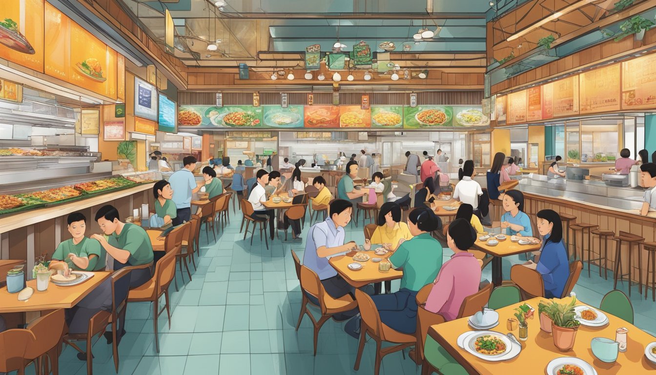 A bustling food court with diverse cuisines and vibrant decor in Raffles City. The aroma of Chinese dishes fills the air as patrons enjoy their meals