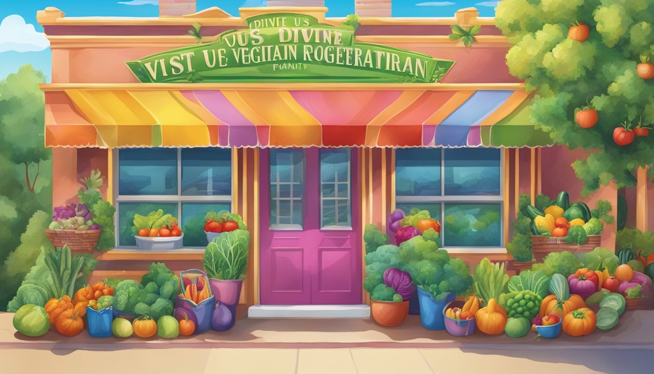 A colorful sign hangs above the entrance to "Visit Us divine vegetarian family restaurant," with vibrant vegetables and fruits adorning the exterior