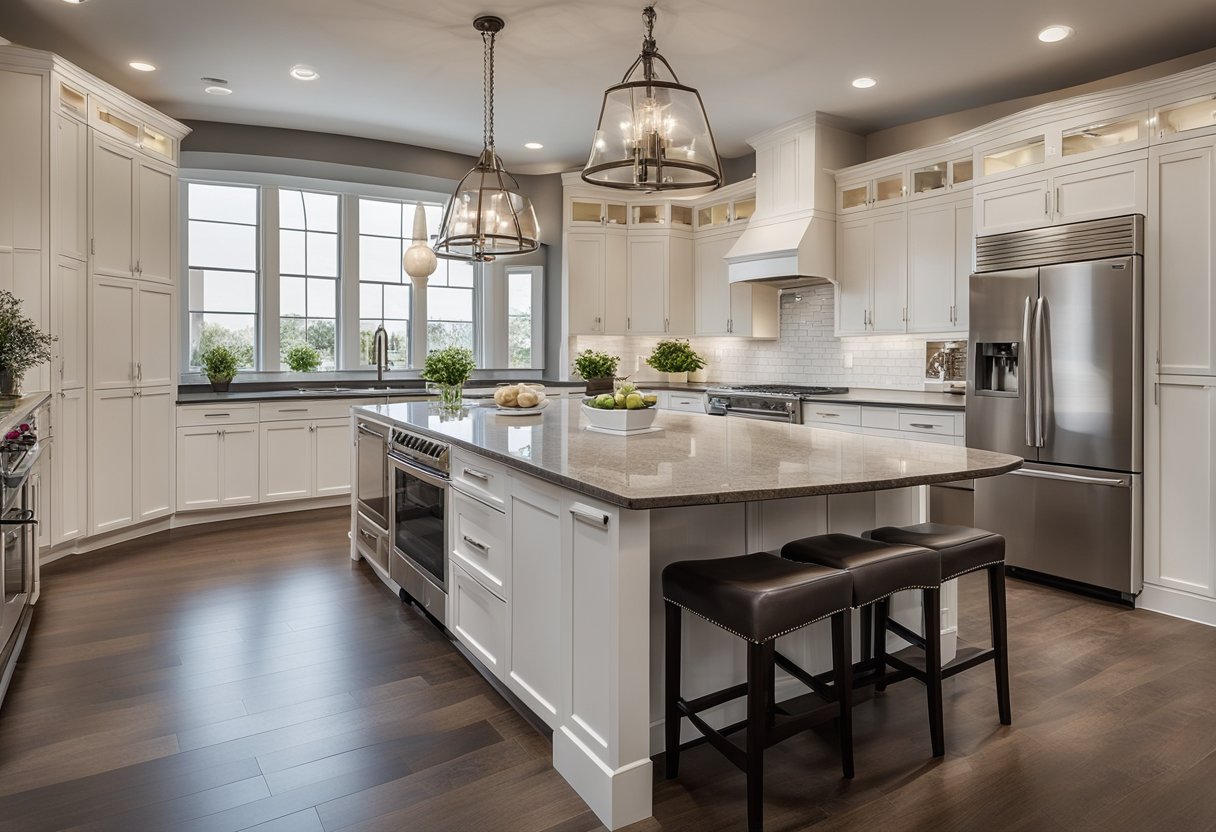 A spacious kitchen with a 6-foot distance between every element, including countertops, appliances, and seating areas
