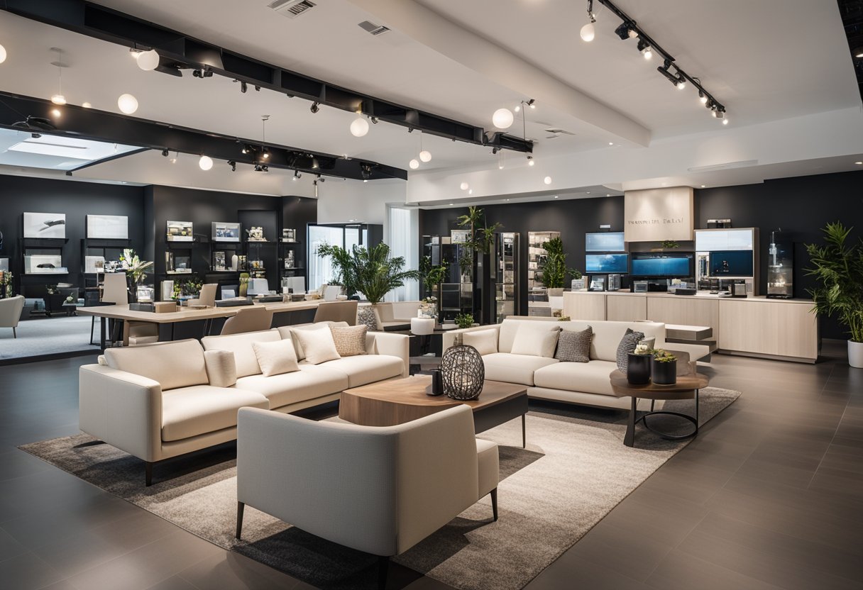 A pristine, modern showroom with sleek furniture displays and a friendly, knowledgeable staff assisting satisfied customers