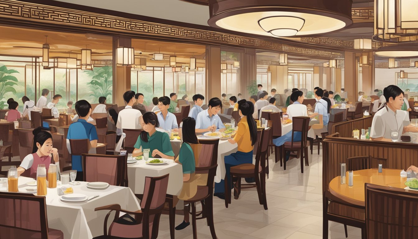 The bustling atmosphere of the Chinese restaurant at Raffles City, with diners enjoying their meals and waitstaff attending to various tables